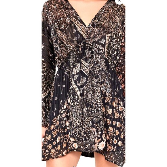 NEW Metallic Paisley‎ Plunging V-Neck Mini Dress, Black Multi, M, Bohemian Style - Picture 6 of 15
